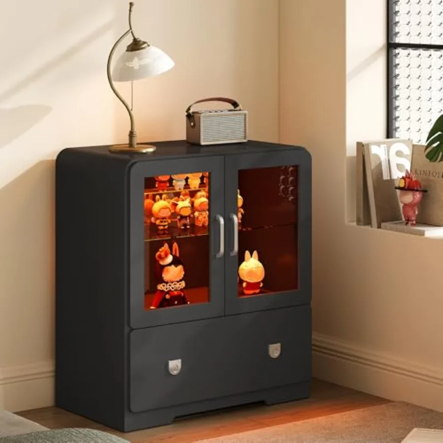 Storage & Organization - ตู้โชว์สำหรับห้องนั่งเล่น ประตูทำจากอะคริลิก ตู้เก็บของทรงสูงพร้อมไฟ LED ตู้เก็บของสไตล์โมเดิร์นสีขาว พร้อมชั้นปรับระดับได้