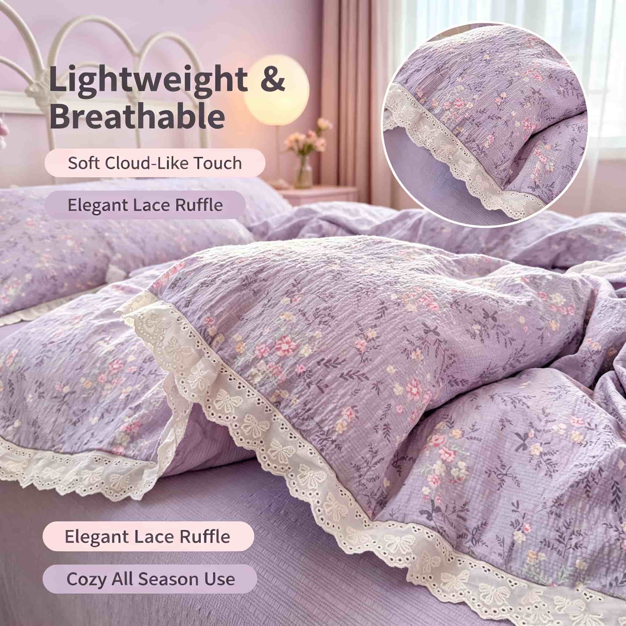 Aesthetic Floral Duvet Cover - ชุดเครื่องนอนสไตล์คอทเทจคอร์สุดน่ารัก ปลอกผ้านวมลายลูกไม้ดอกไม้สีม่วง ชุดเครื่องนอนและอุปกรณ์เสริม ชุดผ้านวมเนื้อนุ่มสำหรับวัยรุ่นหญิง