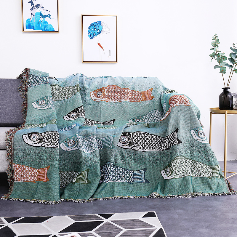 Boho Throw Blanket Fringe - สิ่งทอเมือง Ins โมเดิร์น Koi ปลารูปแบบโซฟาผ้าเช็ดตัวตกแต่งบ้านโยนผ้าห่มนุ่มสบายพรมฝุ่นผ้าห่ม