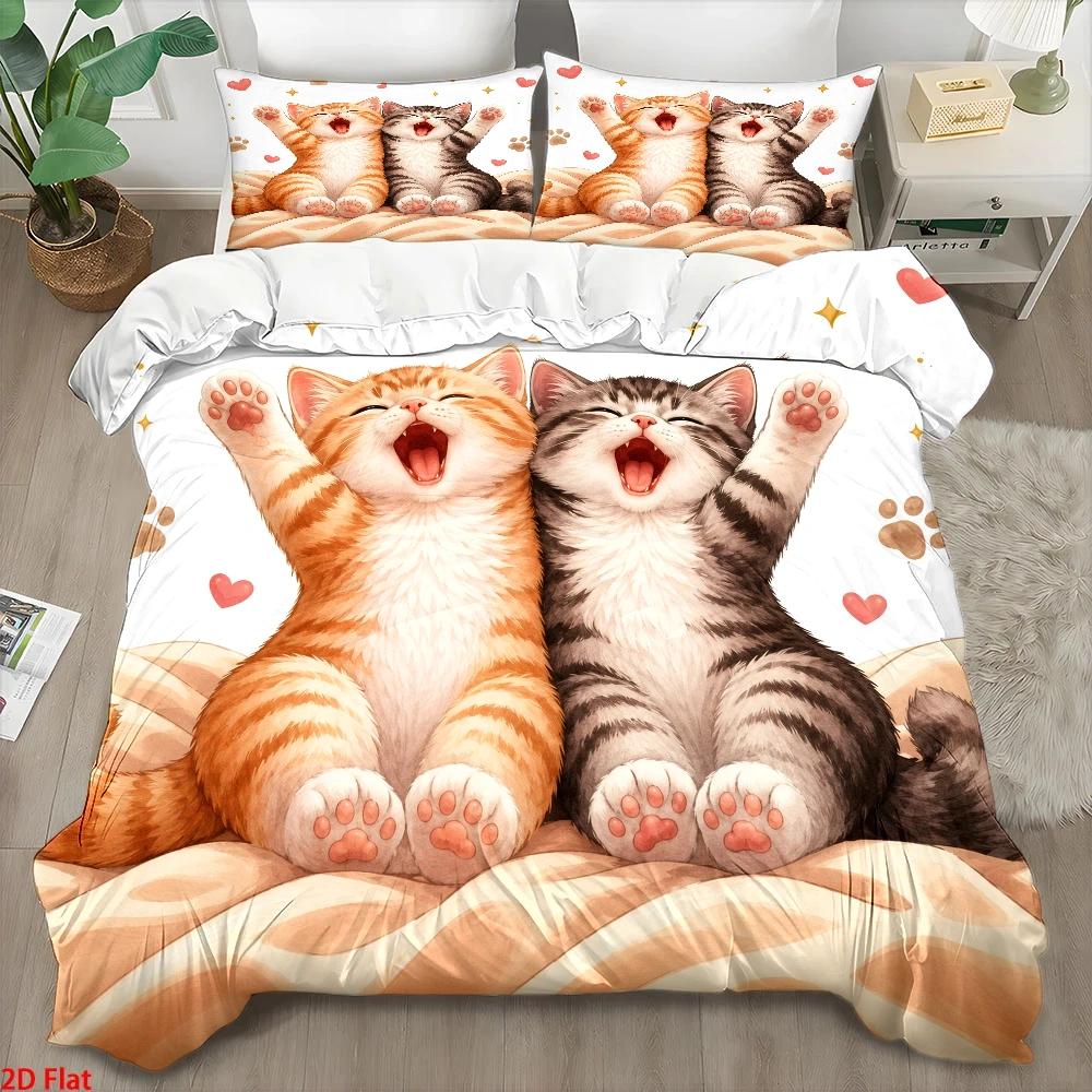 Duvet Cover Sets With Zipper - ชุดผ้าปูที่นอนลายแมวน่ารัก 3 ชิ้น, ชุดเครื่องนอนสามชิ้น (1*ปลอกผ้านวม +