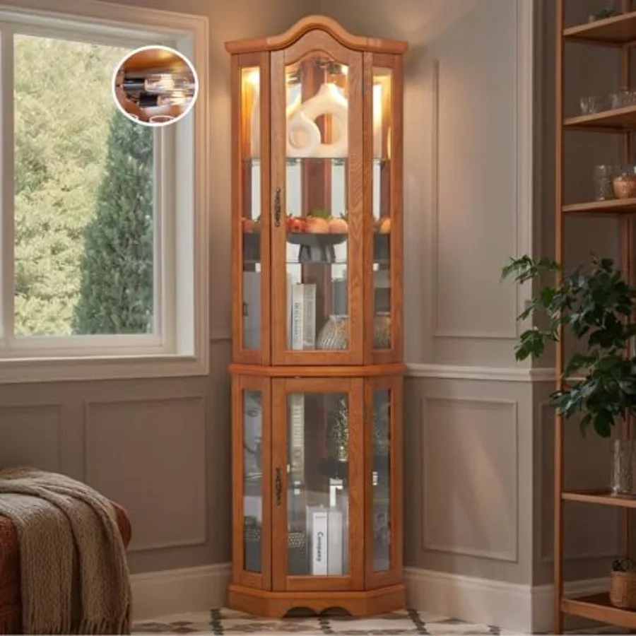 Lighting - ตู้โชว์มุมสำหรับบาร์และเก็บเครื่องดื่มแอลกอฮอล์ ตู้โชว์กระจกมีไฟในตัว ดีไซน์ไม้สีอ่อน พร้อมกระจกนิรภัยปรับระดับได้ 5 บาน