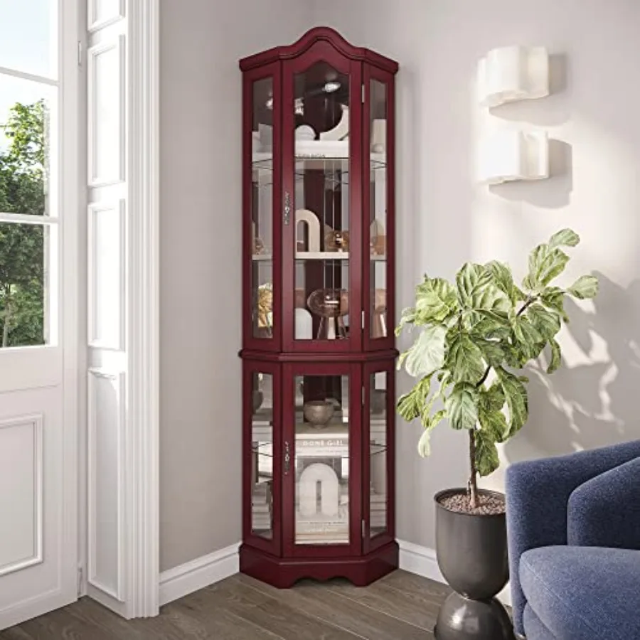 Storage & Organization - ตู้โชว์มุมมีไฟ ด้านบนโค้ง ตู้เก็บของไม้ พร้อมชั้นวาง ประตูกระจกนิรภัย โซนบาร์และเก็บเครื่องดื่มแอลกอฮอล์