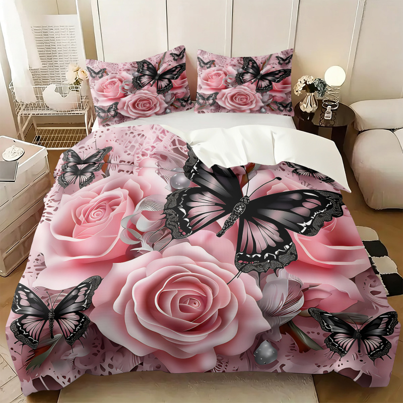 Aesthetic Floral Duvet Cover - ชุดผ้าปูที่นอนลายผีเสื้อสีดำกุหลาบชมพู พร้อมปลอกผ้านวมลายลูกไม้ดอกไม้ ผ้าห่มนุ่มสบาย ปลอกหมอน ตกแต่งห้องนอนสไตล์โรแมนติก