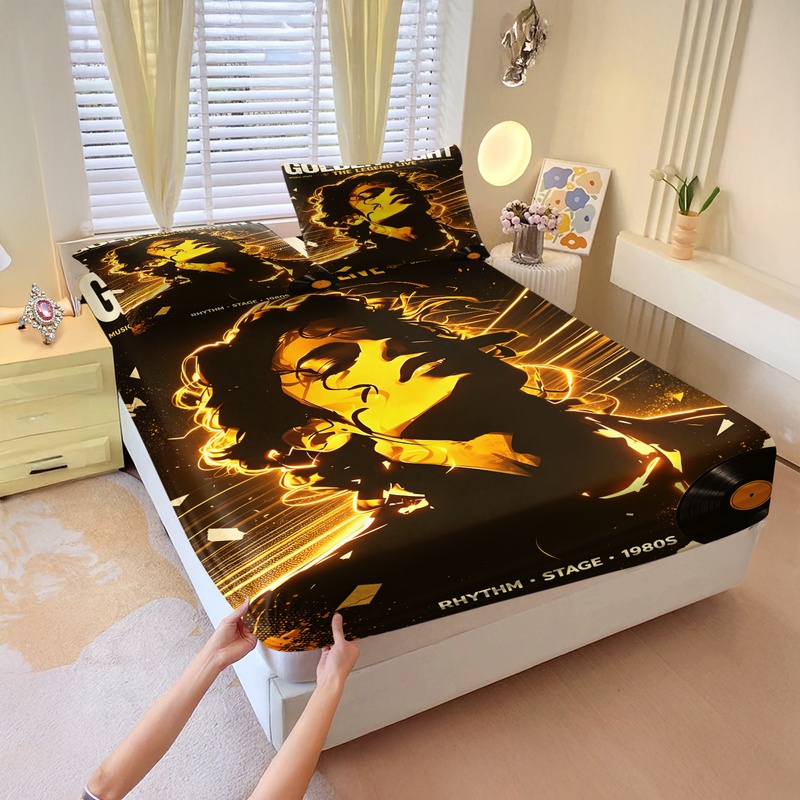 Fitted Bed Sheets Deep Pocket - ชุดผ้าปูที่นอนลายไมเคิล แจ็คสัน ราชานักร้องป๊อป พร้อมผ้าปูที่นอนแบบยางยืด ขนาดคิงไซส์ ของตกแต่งห้องนอนสุดหรู