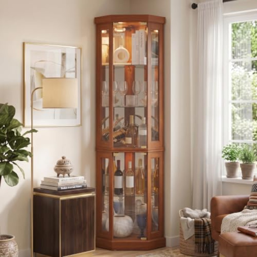 Storage & Organization - ตู้โชว์มุมสำหรับเก็บเครื่องดื่มในห้องนั่งเล่น: ตู้โชว์กระจกมีไฟ, สูง 70 ซม., ประตูกระจกนิรภัย,