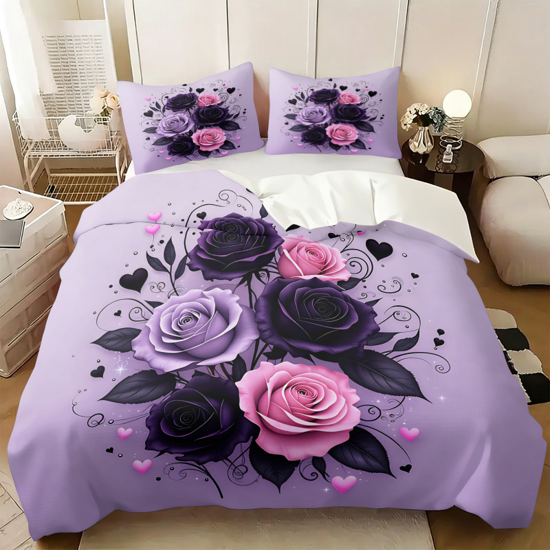 Aesthetic Floral Duvet Cover - ชุดผ้าห่มลายดอกกุหลาบสีม่วง ดำ ชมพู ลายหัวใจ สไตล์โกธิค พร้อมผ้านวม