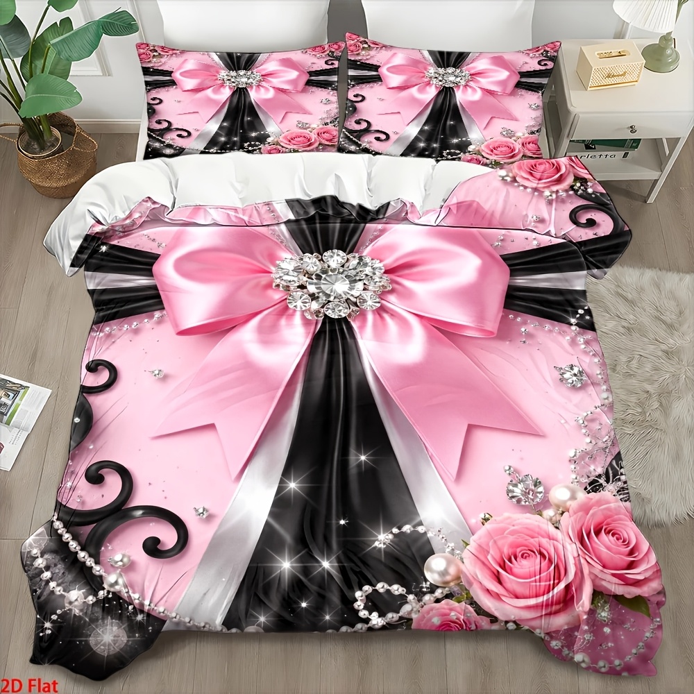 Duvet Cover Sets With Zipper - ชุดผ้าปูที่นอนลายดอกกุหลาบประดับเพชร ดีไซน์โบว์สีดำและชมพูสุดเก๋ 3 ชิ้น, ชุดผ้าปูที่นอนลายพิมพ์ 2