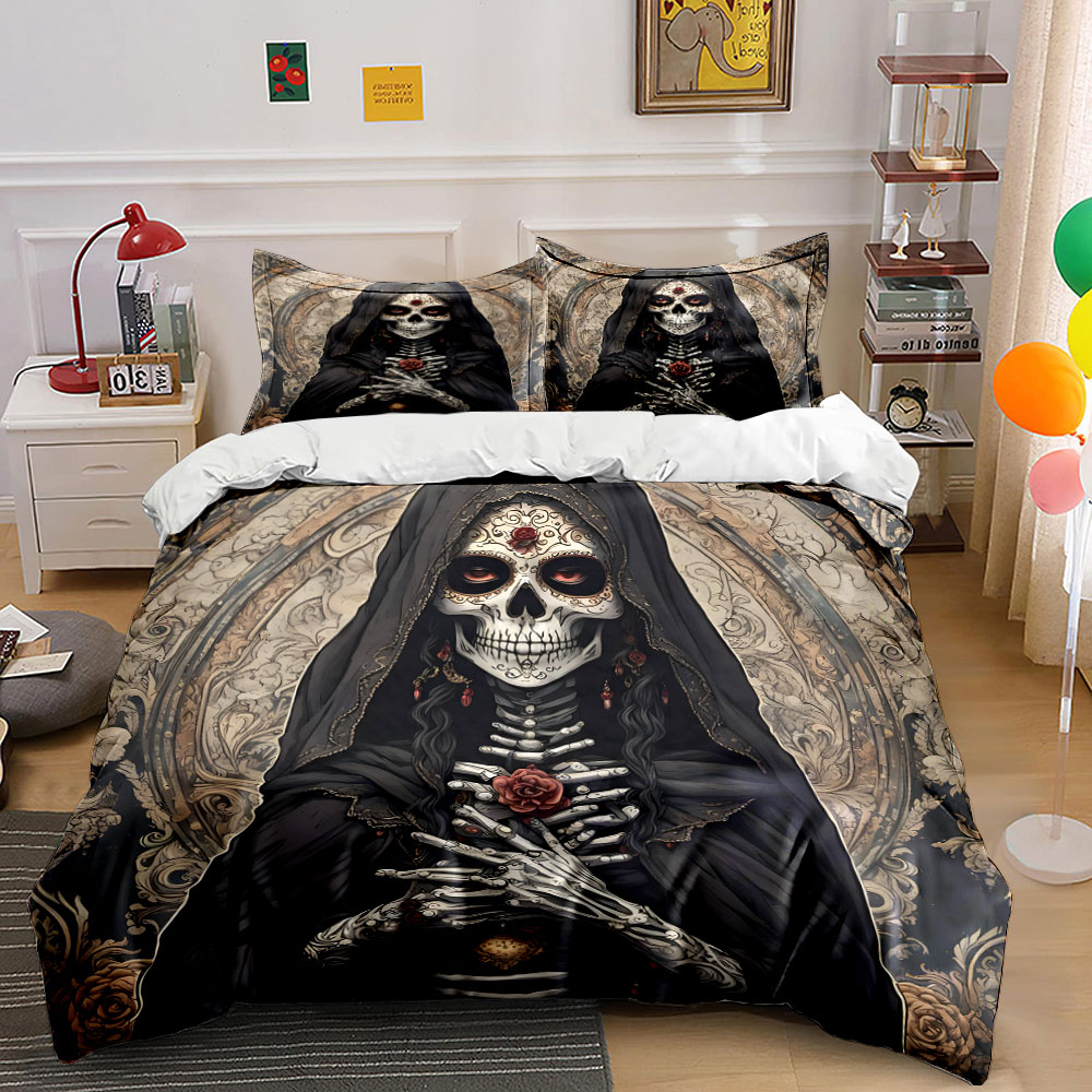 Duvet Cover Sets With Zipper - ชุดผ้าคลุมเตียงลายดาร์กเดธเซนต์และลายดอกกุหลาบ พิมพ์ลายดิจิตอล ผ้าปูที่นอนโพลีเอสเตอร์สีสันสดใส พร้อมซิปปิด สำหรับเป็นของขวัญสำหรับเด็ก